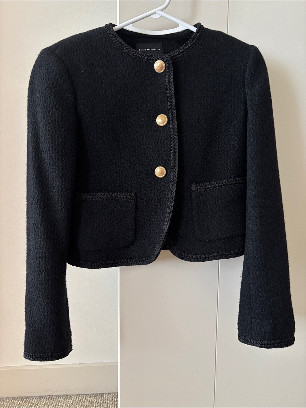 Club Monaco Black Cropped Bouclé Jacket with Gold Buttons